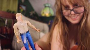 Tiny man used to please giantess pussy