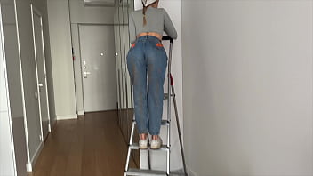 Foreman pounds painter on stepladder, tearing her jeans