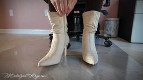 Come Under My Desk: Cream Suede Boots and Brown Opaque Tights SD