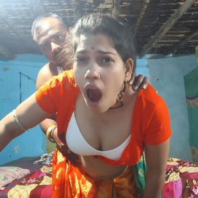 Desi Bengali bhabhi ke saath masti romance and kissing scenes, Orange blouse and white bra remove big boob press by rahul