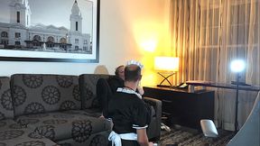 Man Feminized into Maid then Worships Boss Feet and Sucks Strapon