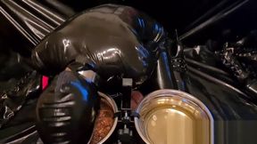 Slave Slut-Orgasma Celeste in black latex eating dog food and drinking piss