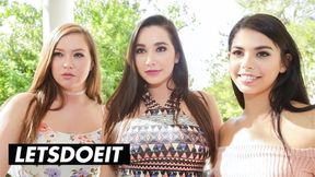Three naughty American babes scam and fuck a wealthy guy hard