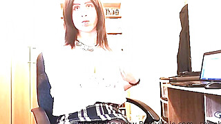 Busty CD TV Gurl in Uniform Lingerie Strip
