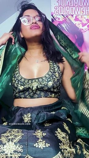 Green Lehenga and Glass Dildo with Indian Girl