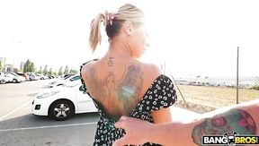 Girl with beautiful tattoo Angel Rivas gives her head and gets laid in public place