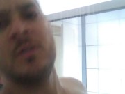 bear man / fat man taking a shower
