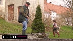 Countryside blowjob with a busty brunette