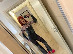 Gothic sissy in chastity anally trains with her dildo, accompanied by valga and handcuffs