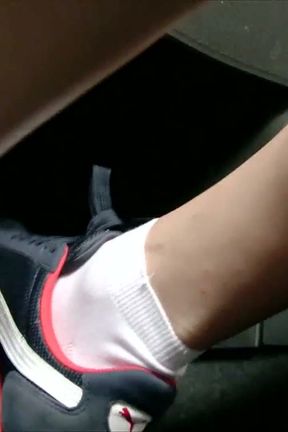 Driving and Pedal Pumping in Blue Nike Sneakers and White Socks