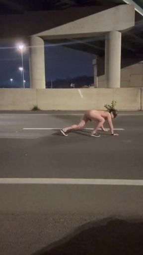 Highway Bridge Exposure: Asian Muscle Hunk Flexes Bare Naked, Dangles Dick &amp; Jerks off for All