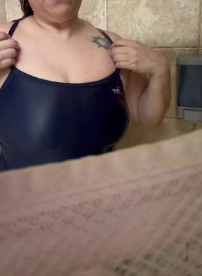 Curvy blonde pro takes a refreshing post-gym swim & shower solo