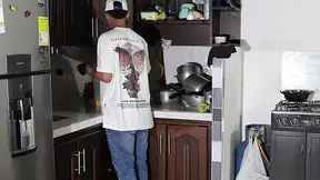 Surprise bang for my friend in the kitchen spunk on my massive jugs