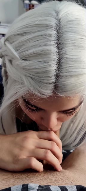 Submissive Sloppy Deepthroat in White Wig & Blue Contacts - Debora Swallowing Wellington's Thick Cock Slow Stretching