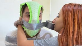 Lazy Bound Step-brother Effectively Gagged and Hooded with Step-sister's Dirty Panties!