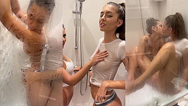 Lesbian Shower quickly escalates to Sloppy Double Blowjob with Deepthroat competition ending with huge facial and cum swapping POV