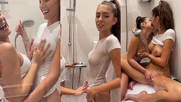 Lesbian Shower quickly escalates to Sloppy Double Blowjob with Deepthroat competition ending with huge facial and cum swapping POV