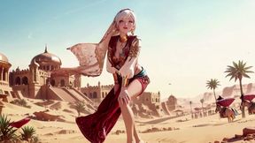 Desert Fantasy! Silver-haired Saintess's Private Dance in the Red-Gold Palace, light ribbons wrapping around her.
