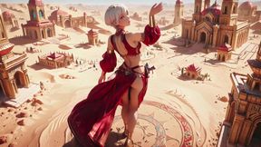 Desert Fantasy! Silver-haired Saintess's Private Dance in the Red-Gold Palace, light ribbons wrapping around her.