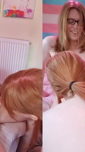 Submissive Trans Redhead Gives a Sloppy Blowjob Her Dommy Redhead Trans Girlfriend