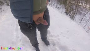 I hike through a dreamy, snowy forest in winter and masturbate my cock with a ring around it.