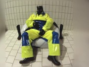 Pup pawing in Pros Extreme waterproof gear