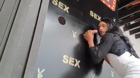 Glory Hole Trans Girl Sucks Cock Through the Glory Hole and Gets Fucked