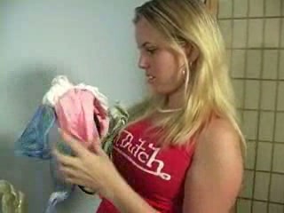 My curvy blonde GF sniffs her dirty undies and masturbates her tight pussy