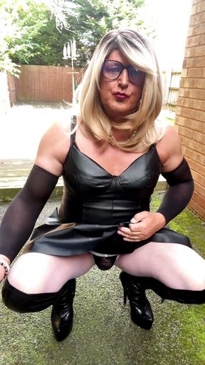 Amateur Crossdresser Kellycd2022 Sexy MILF Peeing and Masturbating in Knee High Boots and Black Pvc Dress and White Pantyhose