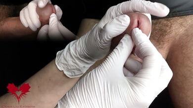A latex-clad nurse conducts a slow urethral examination under sterile tension