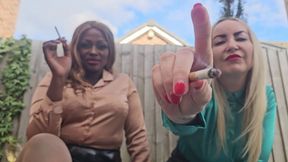 Garden Smoking & AshTray POV - Miss Jessica Wood and Mistress Ava Black use their slave as their human ashtray whilst they are Smoking (640x480)
