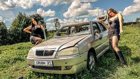 CAR CRUSH Two girls in iron heels destroyed a car