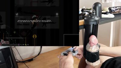 boy whimpers as synced game makes cock cum