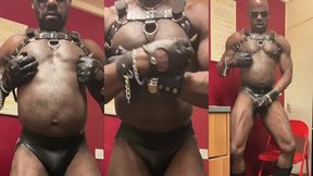 black bodybuilder solo titplay rubber leather & cum finale