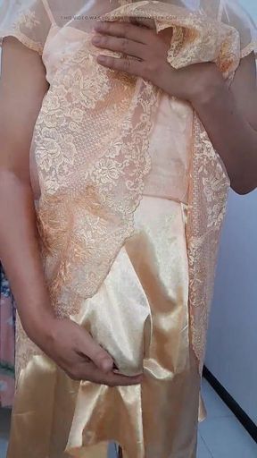 Cute crossdresser masturbating and cum wearing party dress