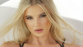 Satisfying blonde teen model passion posing action in hot ebony lingerie