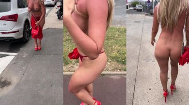 Crazy walk through the city naked next to Cars and people passing by