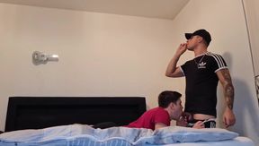 Smoking while his tight gay boy gets fucked bareback raw