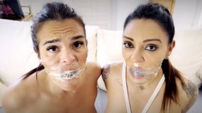 Latina X Lola Lu Damsels Panty and tape gagged, bound and hogtied by the intruder (HD)