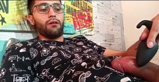 Massaging my big uncut cock with a strong vibrator until I peecum a nice one  It felt so damn good!