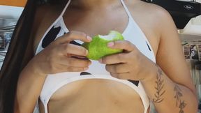 The cow eats fruit