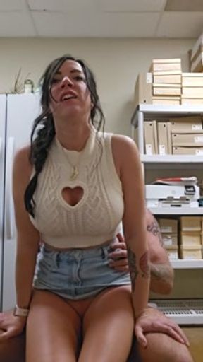 Hot Mom rides dick while clothed in back of store at work, almost caught by Customer.