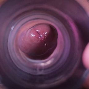 Closeup view from inside my fake pussy while I fuck it slow and passionate until I shoot a big load. Cum inside fleshlight.