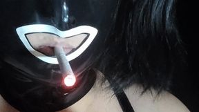 Smoking in Latex Hood with Pigtails