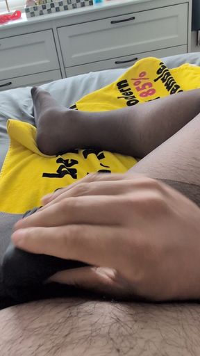 Rubbing my cock in pantyhose and my wife's panties