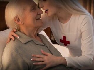 Excited nurse lets an grand-daddy bang her butt until this babe swallows his load - AI-generated content