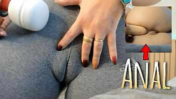 Sexy brunette camel toe playing with her hitach squirting in tight yoga pants and riding her toy and fucking her ass ANAL SEX