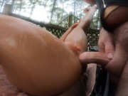 Huge fake tits crossdresser fucking sex doll Guilana outside in thunderstorm