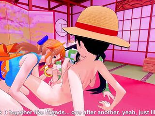 [One Piece] Nico Robin and Nami decided to celebrate their victory in Wano land, but they got caught by Monkey D Luffy and played with their pussies! ~ (Short)