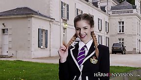 Just spoiled coed girl in uniform Stella Cox fucks with two strong professors